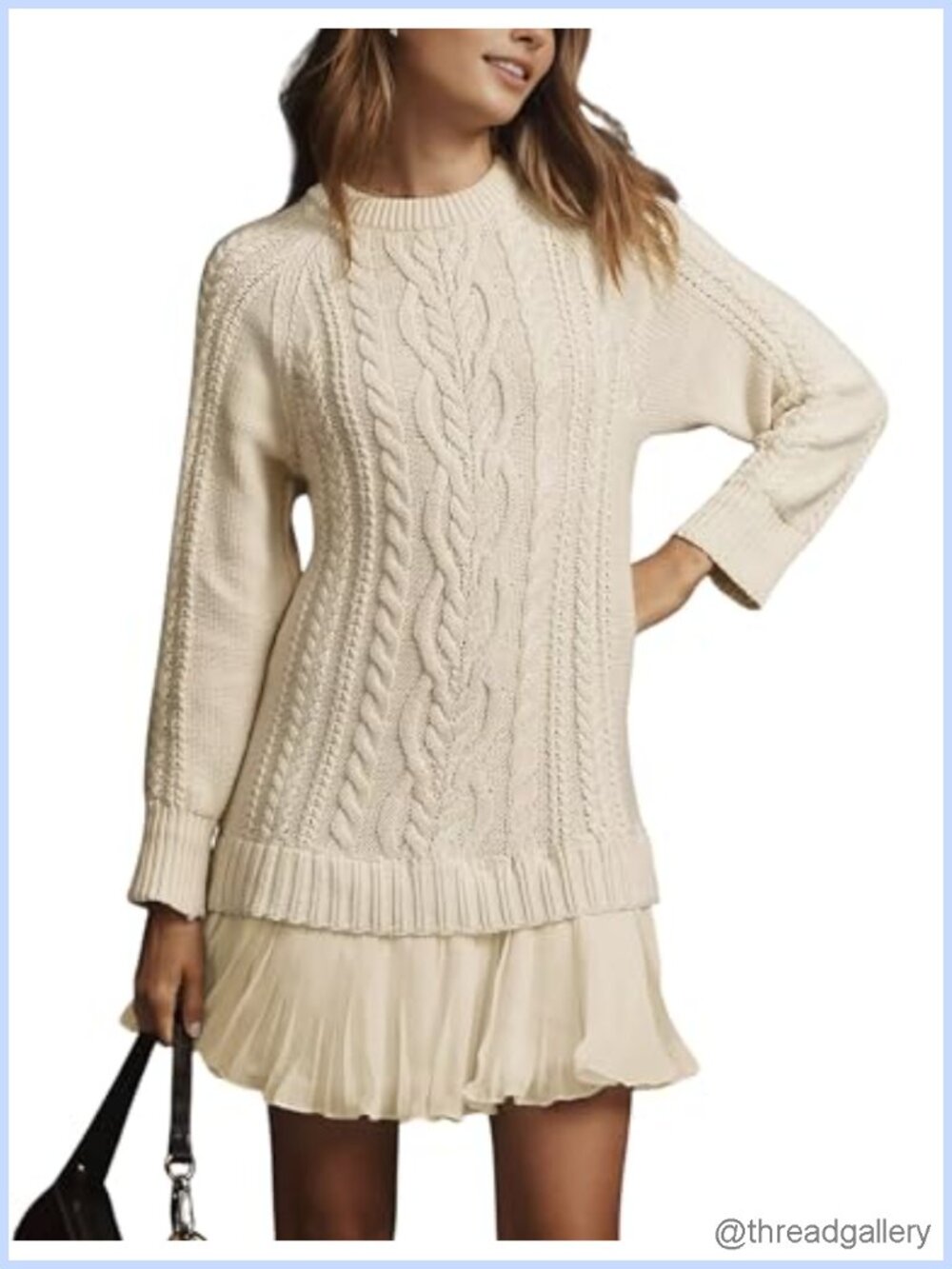 Cable Knit Sweater Mini Dress Crewneck Long Sleeve Pleated Twofer Style